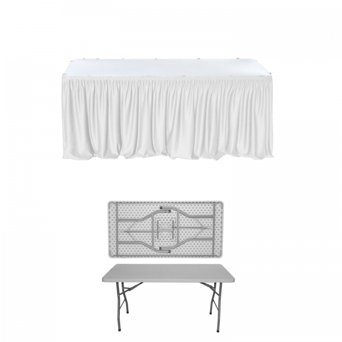 Set catering si evenimente, masa plianta CULINARO cu blat intreg 152x76xh74cm si fusta de masa alba