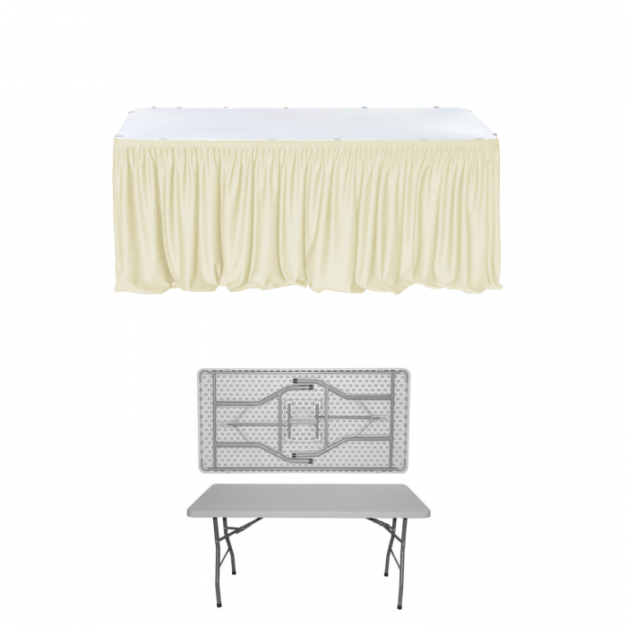 Set catering si evenimente, masa plianta CULINARO cu blat intreg 152x76xh74cm si fusta de masa ivory