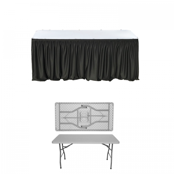Set catering si evenimente, masa plianta CULINARO cu blat intreg 152x76xh74cm si fusta de masa neagra
