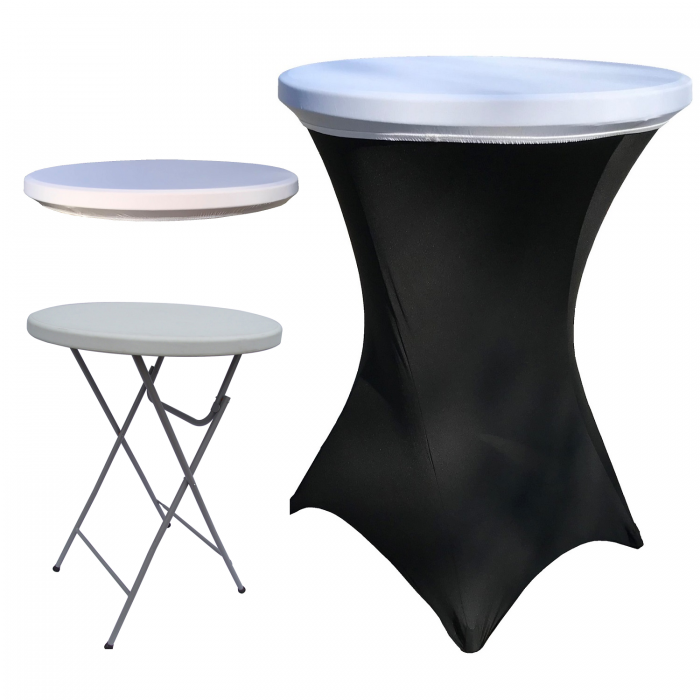 Set masa plianta rotunda inalta catering CULINARO D80xH110cm, husa elastica neagra, capac elastic alb