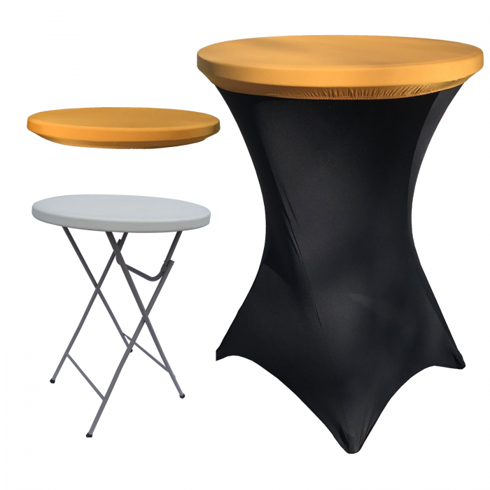 Set masa plianta rotunda inalta catering CULINARO D80xH110cm, husa elastica neagra, capac elastic auriu