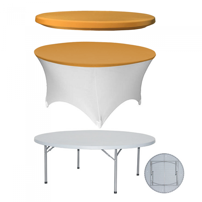 Set masa plianta rotunda CULINARO 180xh74cm catering, evenimente, husa alba, capac elastic auriu