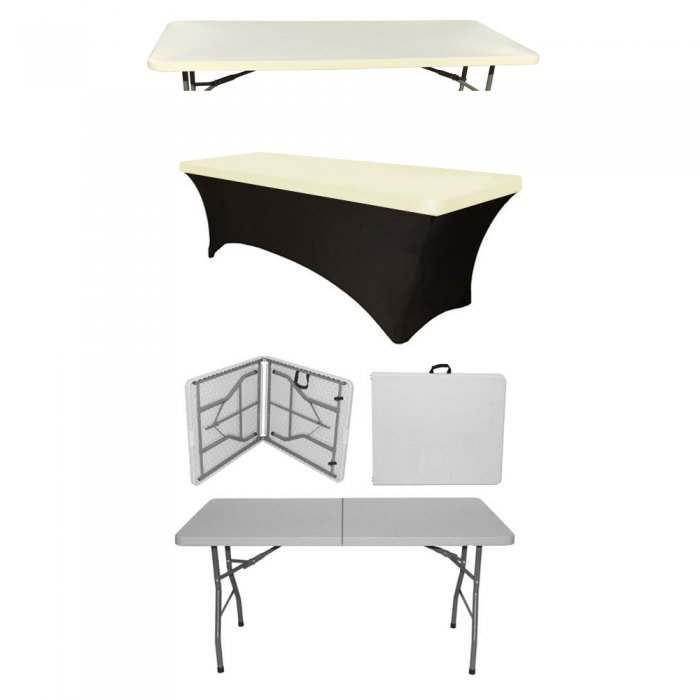 Set masa pliabila tip valiza evenimente CULINARO dreptunghiulara 152x76xh74cm, husa neagra si capac elastic ivory