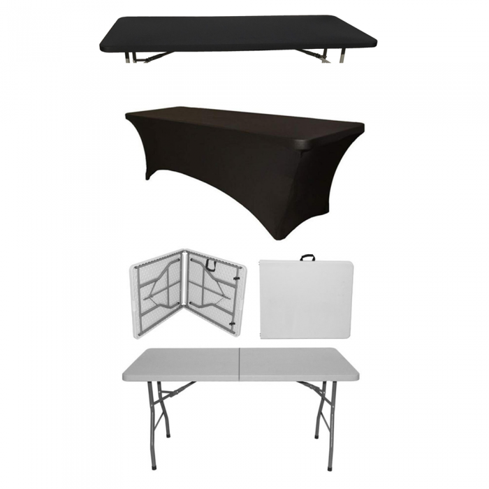 Set masa pliabila tip valiza evenimente CULINARO dreptunghiulara 152x76xh74cm, husa neagra si capac elastic negru 
