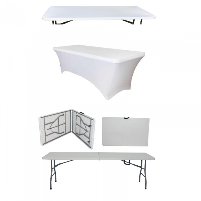 Set masa plianta tip valiza, dreptunghiulara CULINARO 244x76xh74cm catering, evenimente, husa alba, capac elastic alb