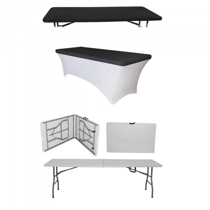 Set masa plianta tip valiza, dreptunghiulara CULINARO 244x76xh74cm catering, evenimente, husa alba, capac elastic negru