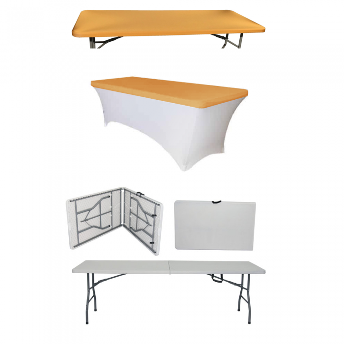 Set masa plianta tip valiza, dreptunghiulara CULINARO 244x76xh74cm catering, evenimente, husa alba, capac elastic auriu