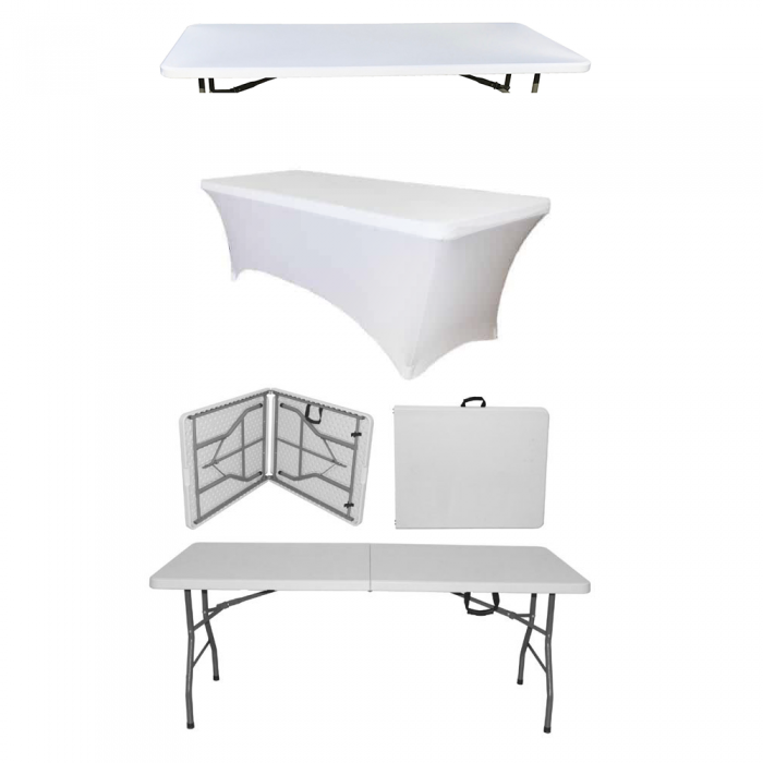 Set masa catering pliabila tip valiza CULINARO dreptunghiulara 180x76xh74cm, husa alba si capac elastic alb