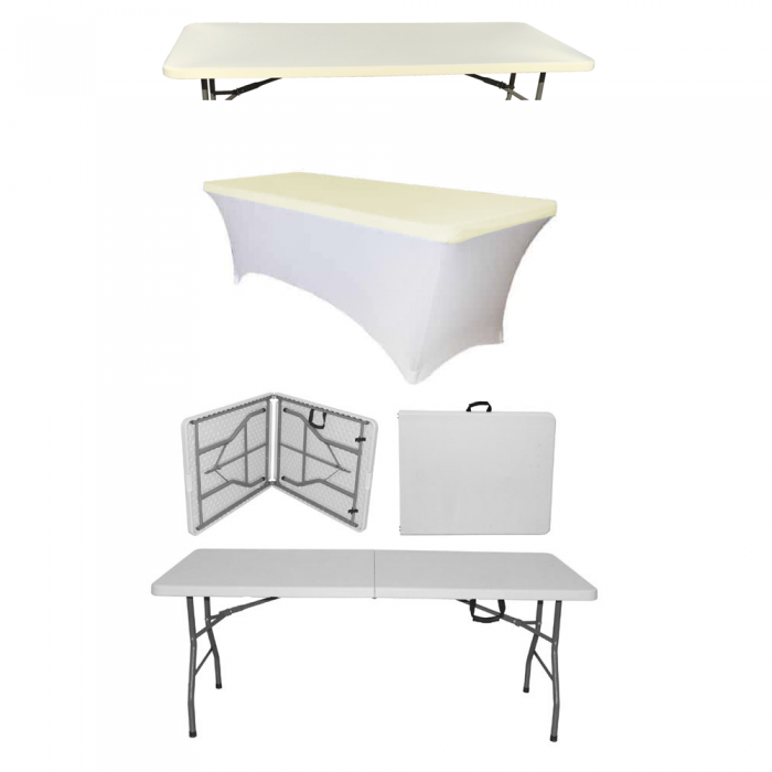 Set masa catering pliabila tip valiza CULINARO dreptunghiulara 180x76xh74cm, husa alba si capac elastic ivory