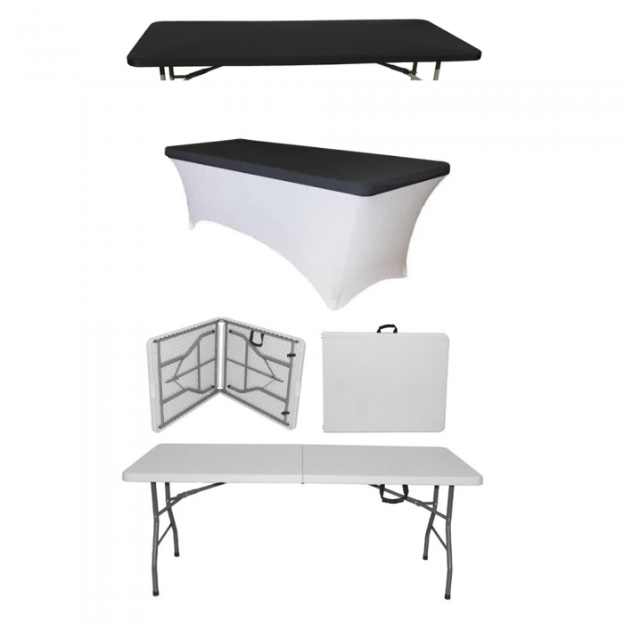 Set masa catering pliabila tip valiza CULINARO dreptunghiulara 180x76xh74cm, husa alba si capac elastic negru 