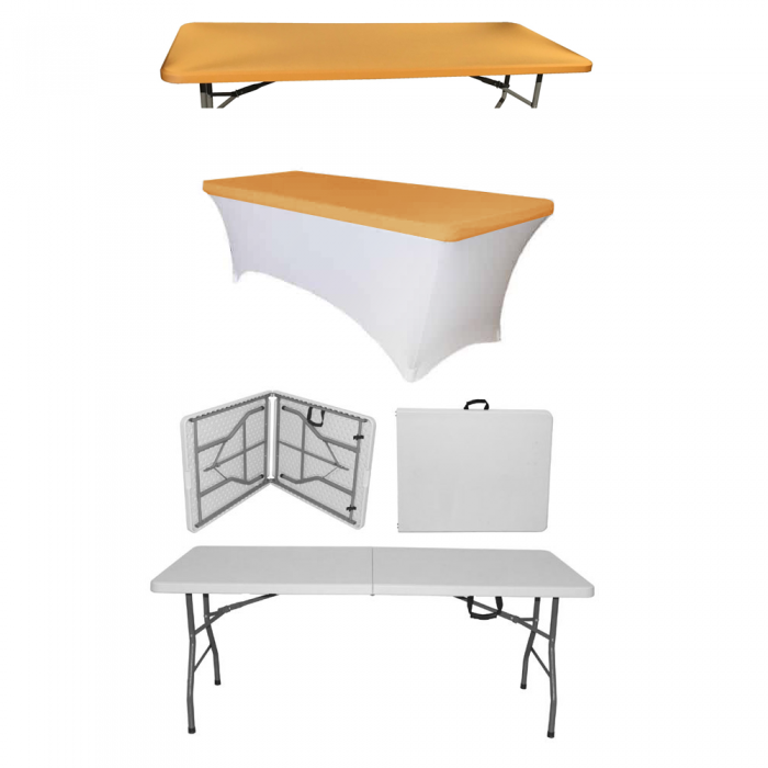 Set masa catering pliabila tip valiza CULINARO dreptunghiulara 180x76xh74cm, husa alba si capac elastic auriu