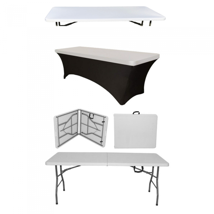 Set masa catering pliabila tip valiza CULINARO dreptunghiulara 180x76xh74cm, husa neagra si capac elastic alb