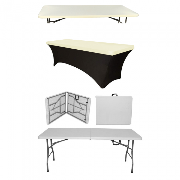 Set masa catering pliabila tip valiza CULINARO dreptunghiulara 180x76xh74cm, husa neagra si capac elastic ivory