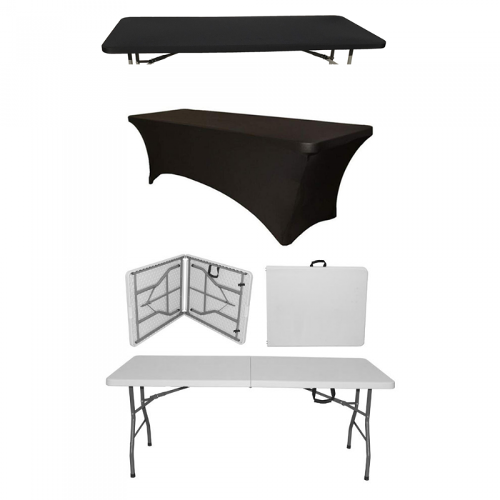 Set masa catering pliabila tip valiza CULINARO dreptunghiulara 180x76xh74cm, husa neagra si capac elastic negru 