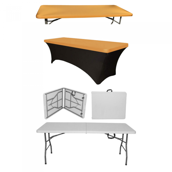 Set masa catering pliabila tip valiza CULINARO dreptunghiulara 180x76xh74cm, husa neagra si capac elastic auriu