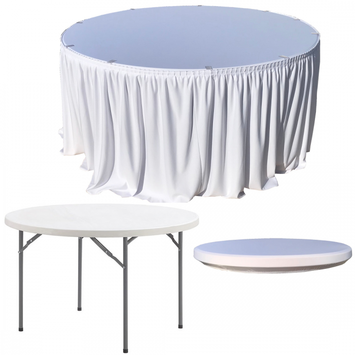 Set pentru catering, evenimente, masa plianta rotunda CULINARO 180xh74cm, fusta de masa alba, capac elastic alb