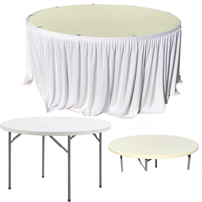 Set pentru catering, evenimente, masa plianta rotunda CULINARO 180xh74cm, fusta de masa alba, capac elastic ivory