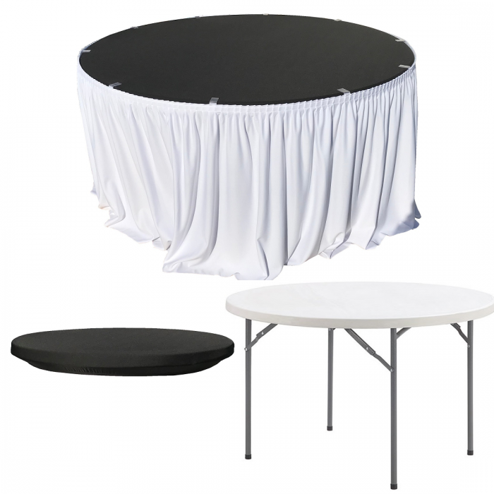 Set pentru catering, evenimente, masa plianta rotunda CULINARO 180xh74cm, fusta de masa alba, capac elastic negru