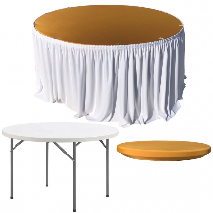 Set pentru catering, evenimente, masa plianta rotunda CULINARO 180xh74cm, fusta de masa alba, capac elastic auriu