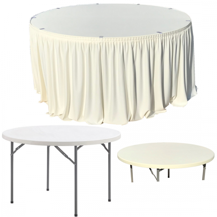 Set pentru catering, evenimente, masa plianta rotunda CULINARO 180xh74cm, fusta de masa ivory, capac elastic ivory