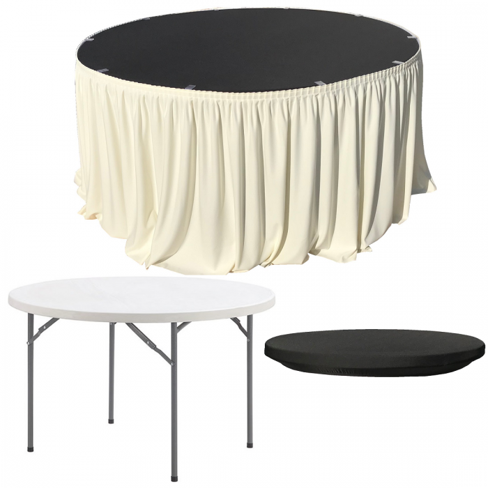 Set pentru catering, evenimente, masa plianta rotunda CULINARO 180xh74cm, fusta de masa ivory, capac elastic negru