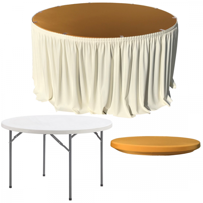 Set pentru catering, evenimente, masa plianta rotunda CULINARO 180xh74cm, fusta de masa ivory, capac elastic auriu