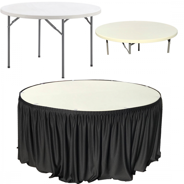 Set pentru catering, evenimente, masa plianta rotunda CULINARO 180xh74cm, fusta de masa neagra, capac elastic ivory