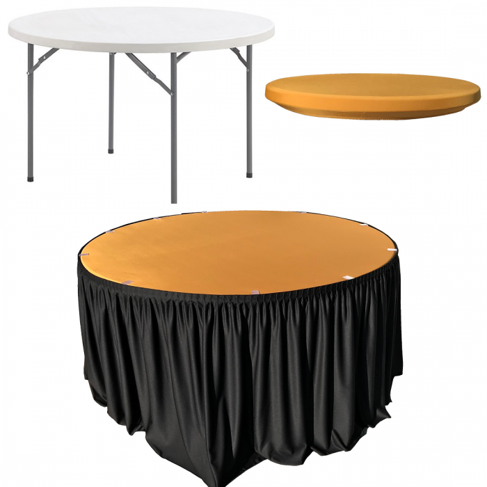 Set pentru catering, evenimente, masa plianta rotunda CULINARO 180xh74cm, fusta de masa neagra, capac elastic auriu