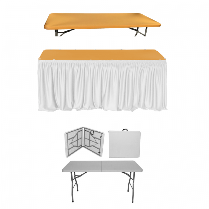 Set evenimente si catering CULINARO, masa pliabila tip valiza 152x76xh74cm, fusta de masa alba, capac elastic auriu