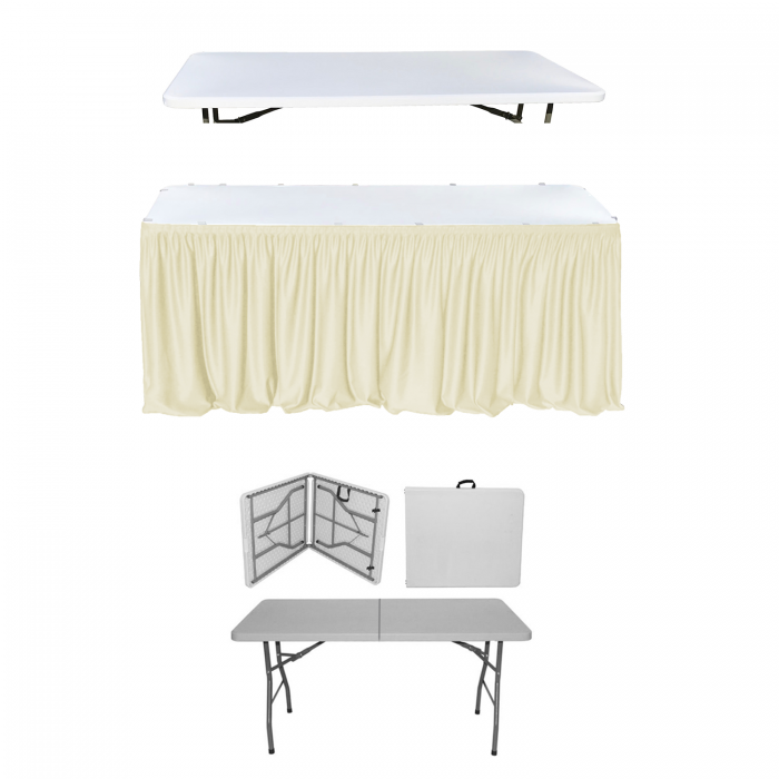 Set evenimente si catering CULINARO, masa pliabila tip valiza 152x76xh74cm, fusta de masa ivory, capac elastic alb