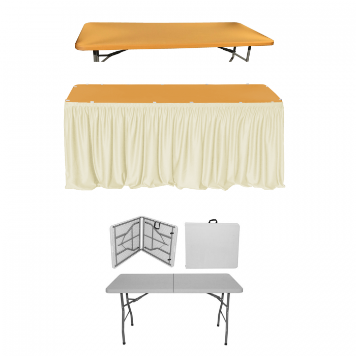 Set evenimente si catering CULINARO, masa pliabila tip valiza 152x76xh74cm, fusta de masa ivory, capac elastic auriu