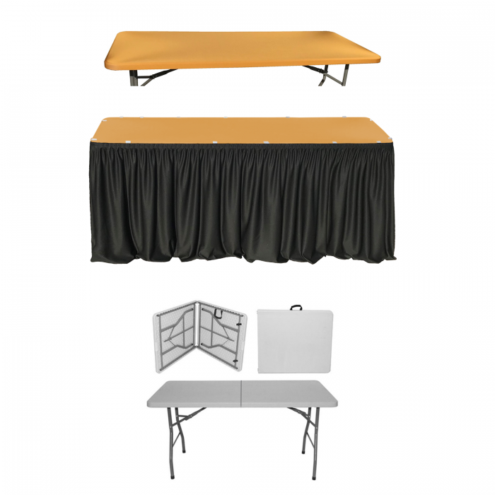 Set evenimente si catering CULINARO, masa pliabila tip valiza 152x76xh74cm, fusta de masa neagra, capac elastic auriu