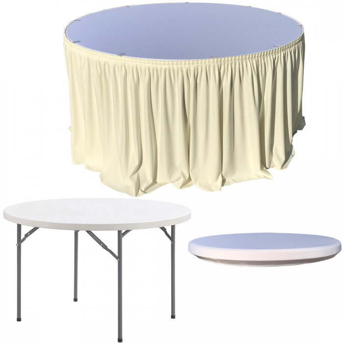 Set pentru evenimente, catering, masa plianta rotunda CULINARO 152xh74cm, fusta de masa ivory, capac elastic alb