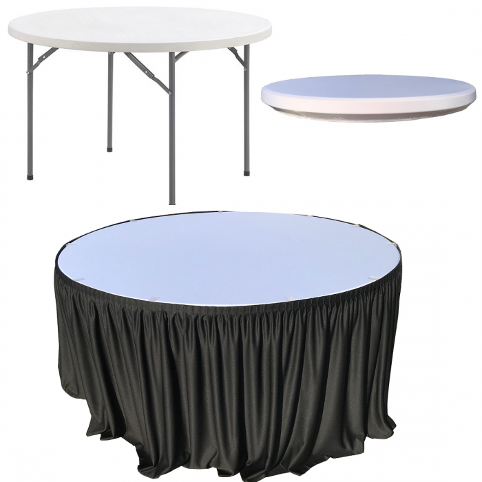 Set pentru evenimente, catering, masa plianta rotunda CULINARO 152xh74cm, fusta de masa neagra, capac elastic alb
