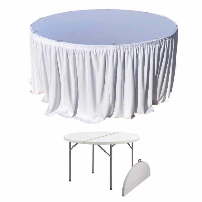 Set pentru evenimente, masa rotunda pliabila tip valiza CULINARO 152xh74cm si fusta de masa alba