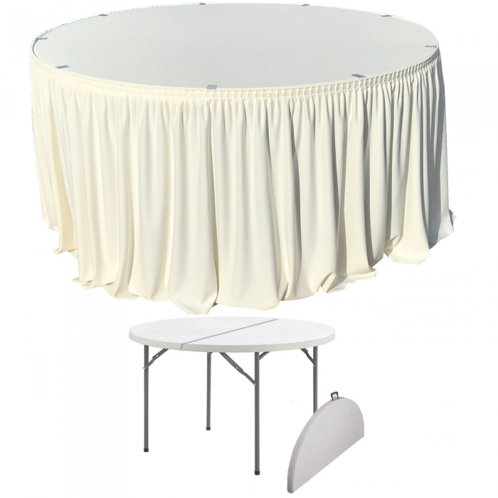 Set pentru evenimente, masa rotunda pliabila tip valiza CULINARO 152xh74cm si fusta de masa ivory