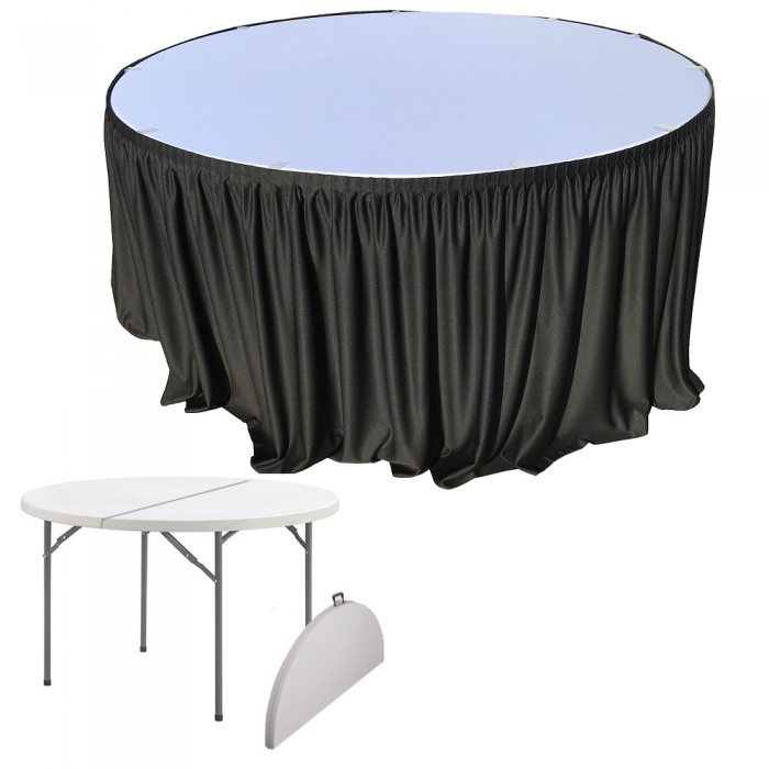 Set pentru evenimente, masa rotunda pliabila tip valiza CULINARO 152xh74cm si fusta de masa neagra