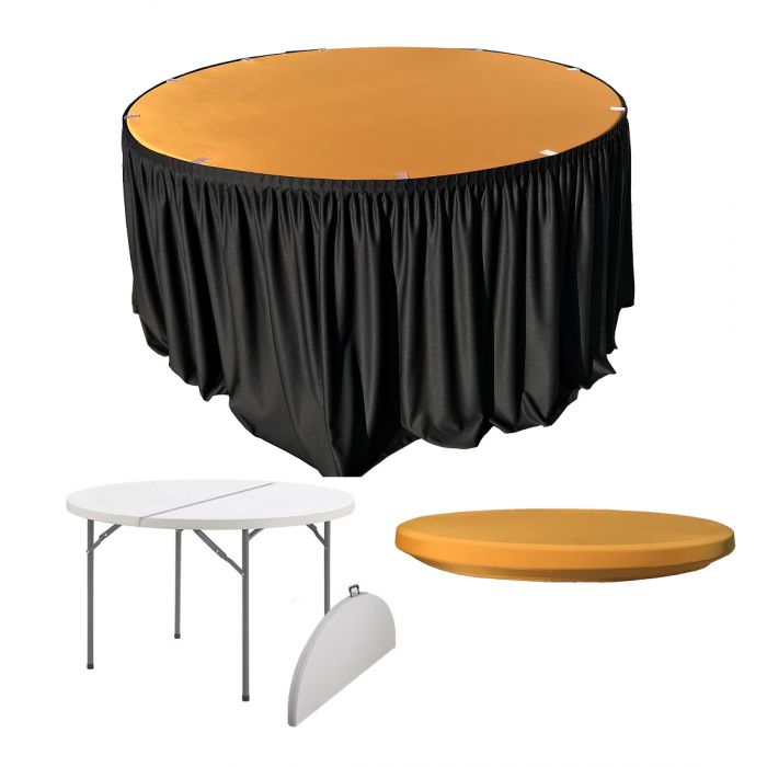 Set pentru catering, evenimente, masa rotunda pliabila tip valiza CULINARO 152xh74cm, fusta de masa neagra, capac elastic auriu
