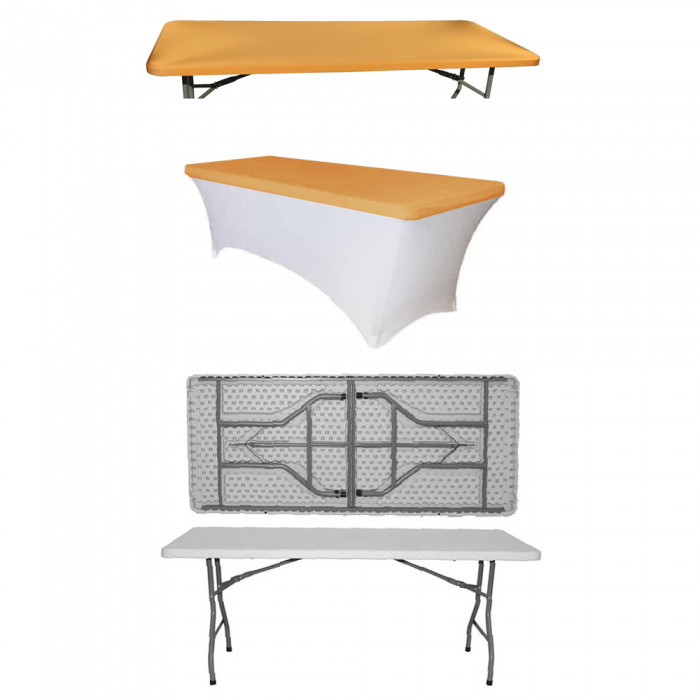 Set masa pliabila catering dreptunghiulara CULINARO 180x76xh74cm, husa alba, capac elastic auriu