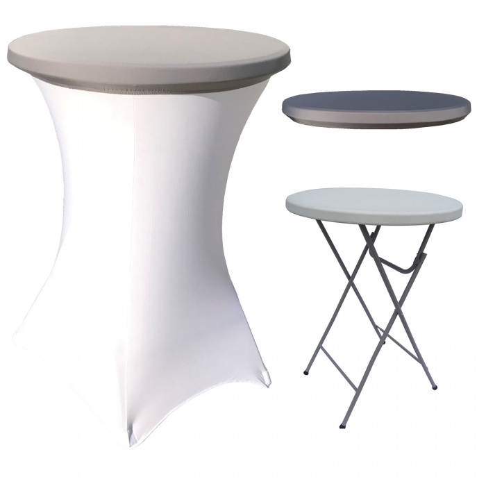 Set masa pliabila rotunda inalta catering CULINARO D80xH110cm, husa elastica alba, capac elastic gri