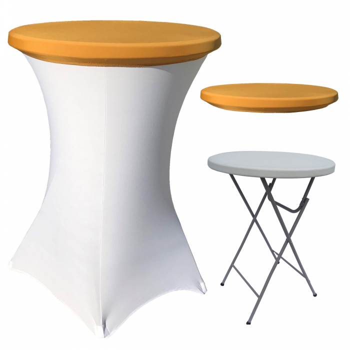 Set masa pliabila rotunda inalta catering CULINARO D80xH110cm, husa elastica alba, capac elastic auriu