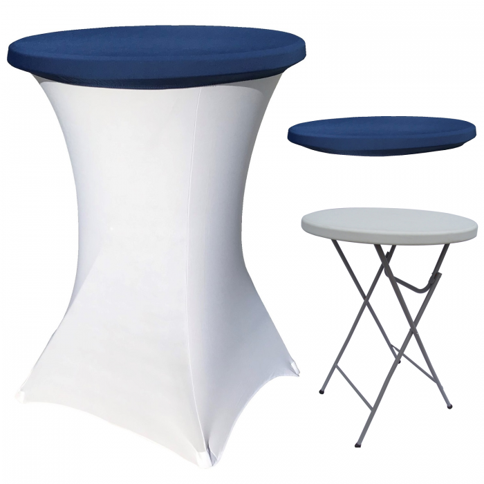 Set masa pliabila rotunda inalta catering CULINARO D80xH110cm, husa elastica alba, capac elastic albastru
