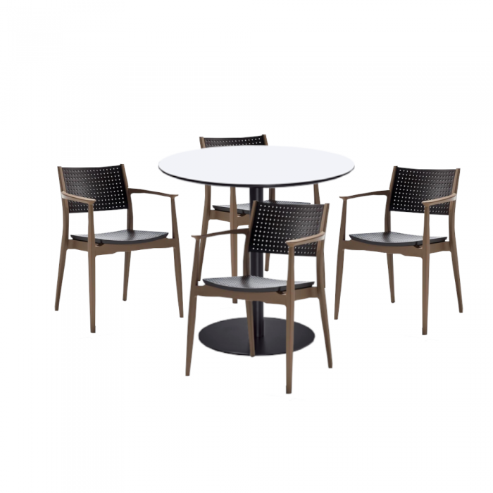 Set mobilier dining/bucatarie RAKI, masa rotunda cu blat MDF melaminat 80x75cm, 4 scaune SEGINUS 54x58xh82cm maro bej