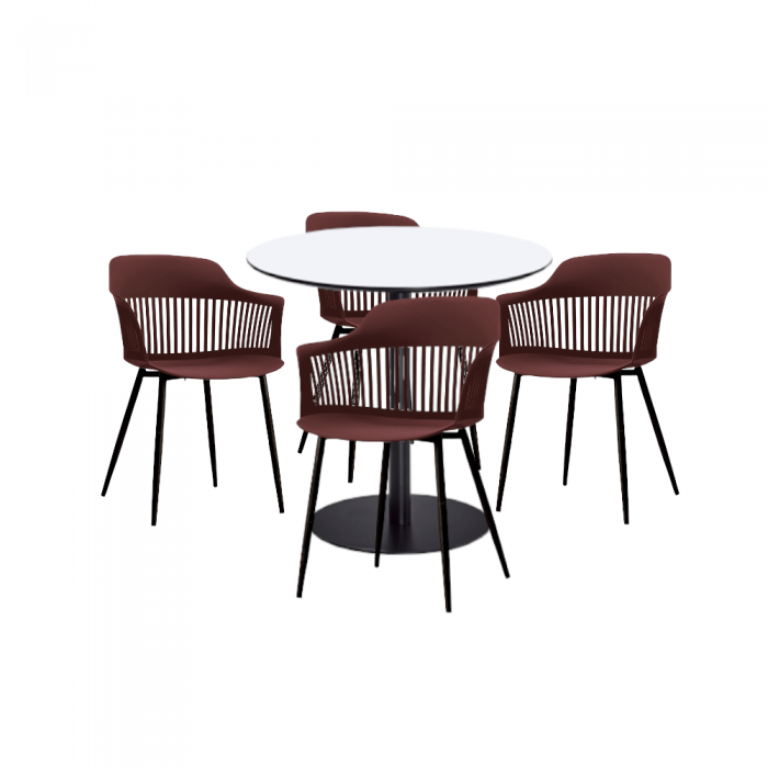 Set mobilier dining/bucatarie RAKI, masa rotunda cu blat MDF melaminat 80x75cm, 4 scaune Florida 53x59x81cm grena/negru