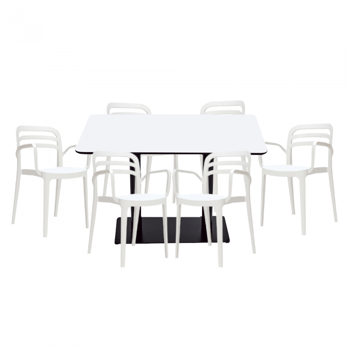 Set mobilier dining/bucatarie RAKI, masa dreptunghiulara cu blat MDF melaminat 120x80x75cm cu 6 scaune Aspendos 54,5x54,3xH81,9cm albe
