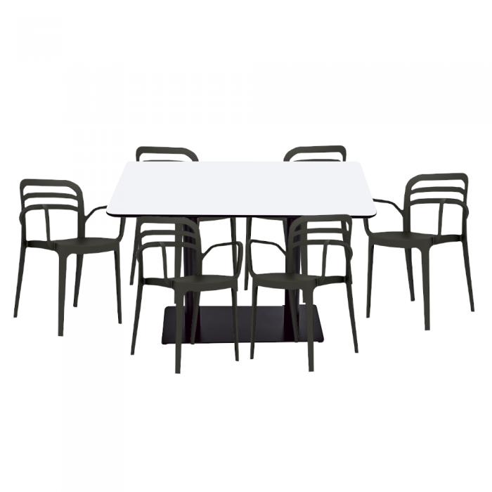Set mobilier dining/bucatarie RAKI, masa dreptunghiulara cu blat MDF melaminat 120x80x75cm cu 6 scaune Aspendos 54,5x54,3xH81,9cm negre