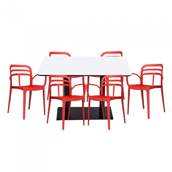 Set mobilier dining/bucatarie RAKI, masa dreptunghiulara cu blat MDF melaminat 120x80x75cm cu 6 scaune Aspendos 54,5x54,3xH81,9cm rosii