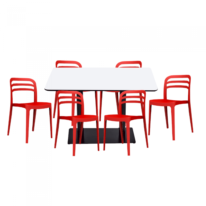 Set mobilier dining/bucatarie RAKI, masa dreptunghiulara cu blat MDF melaminat 120x80x75cm, 6 scaune Aspen 43,9x45,3xh81,7cm rosii