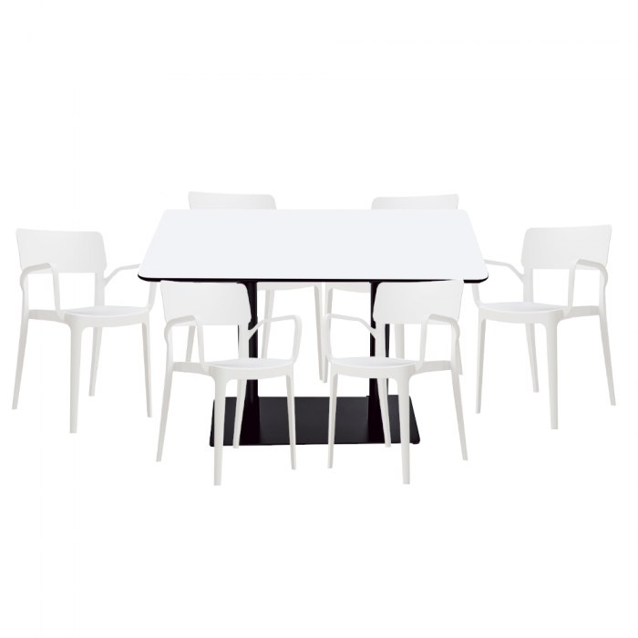 Set mobilier dining/bucatarie RAKI, masa dreptunghiulara cu blat MDF melaminat 120x80x75cm, 6 scaune Panora 54,5x54,3xh81,9cm albe