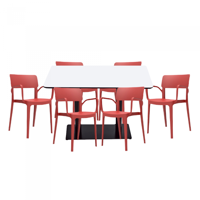 Set mobilier dining/bucatarie RAKI, masa dreptunghiulara cu blat MDF melaminat 120x80x75cm, 6 scaune Panora 54,5x54,3xh81,9cm rosii